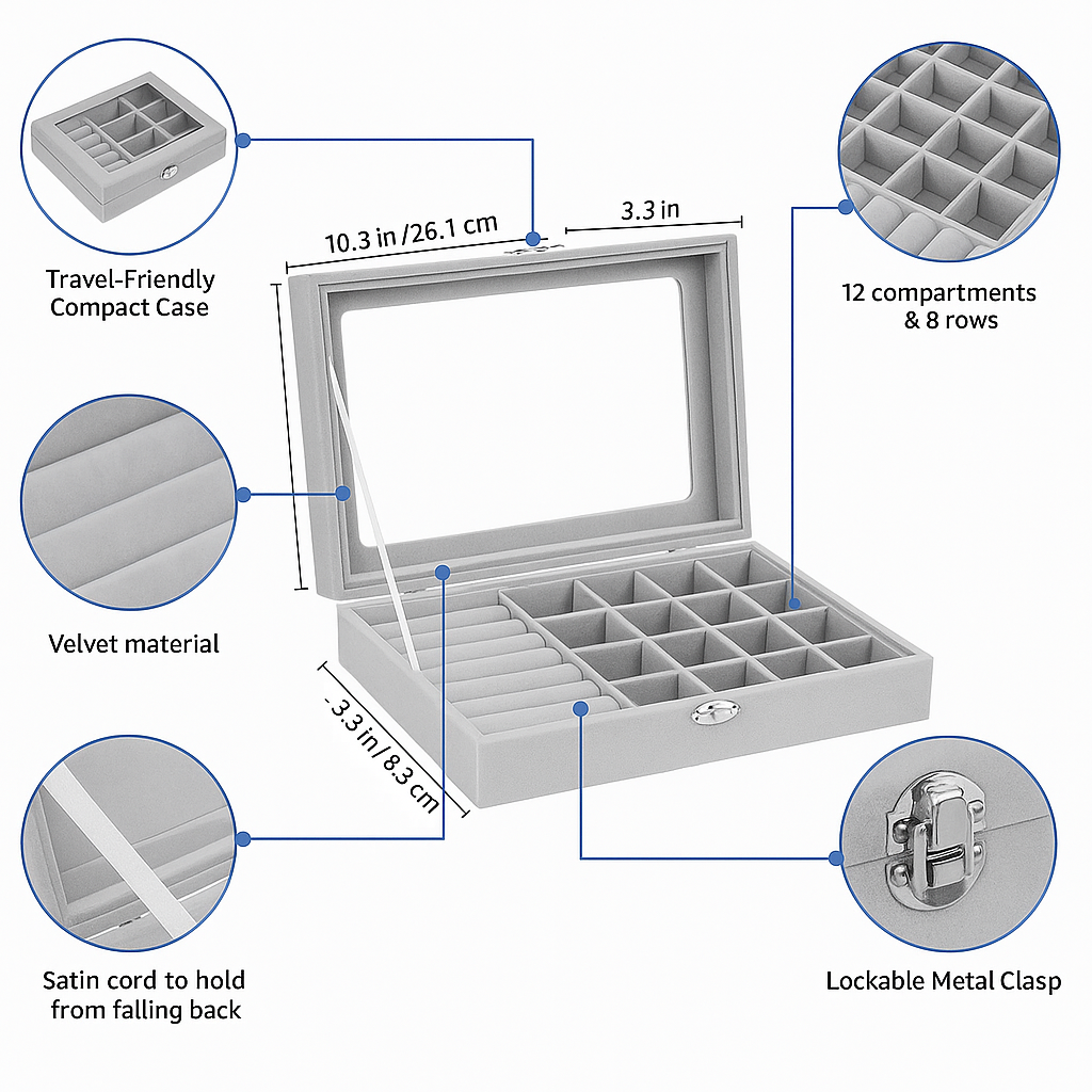 Velvet Jewelry Organizer Box with Clear Lid