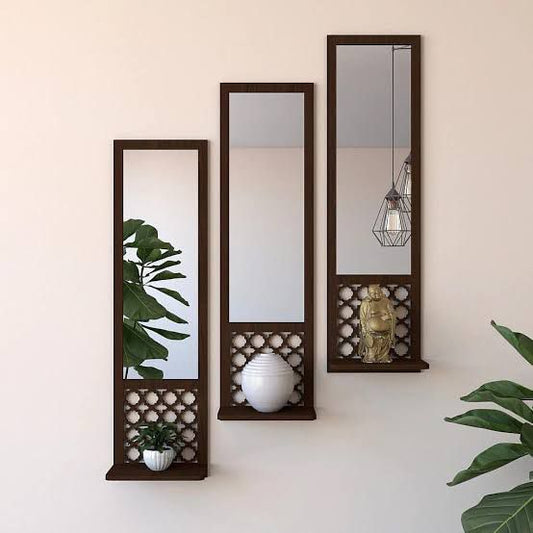 Wooden Wall Mirror with Shelf - Set Of 3