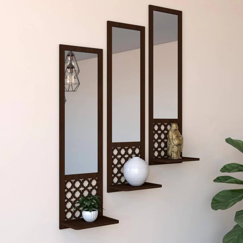 Wooden Wall Mirror with Shelf - Set Of 3