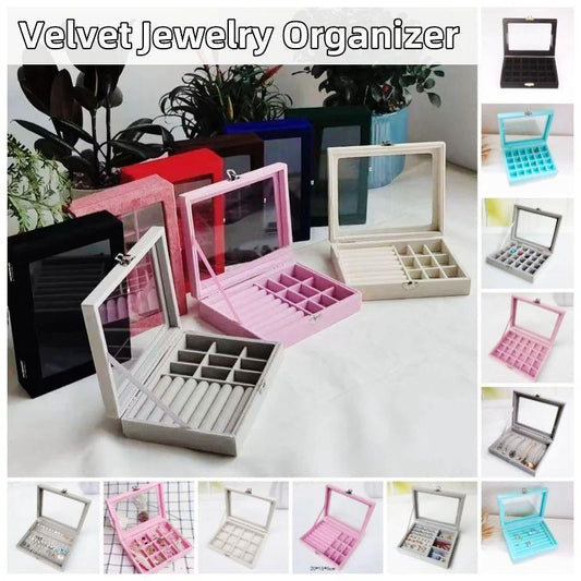 Velvet Jewelry Organizer Box with Clear Lid