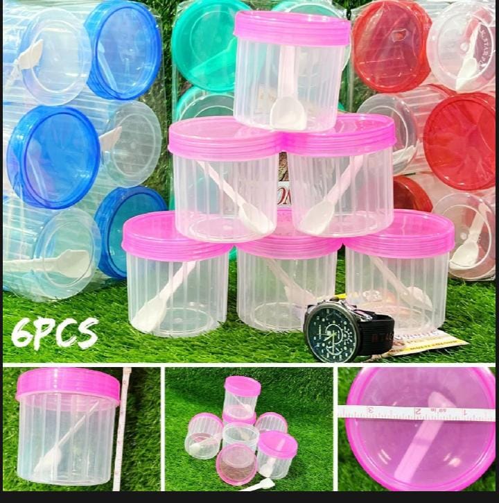 Pack of 6 , 2 Transparent Plastic Round Storage Jars with Spoons