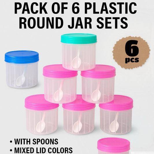 Pack of 6 , 2 Transparent Plastic Round Storage Jars with Spoons