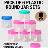 Pack of 6 , 2 Transparent Plastic Round Storage Jars with Spoons