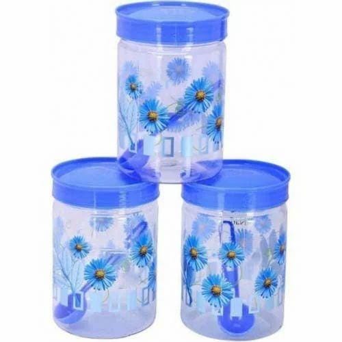 Printed Plastic Storage Jar Set Of 2 With Colorful Lids