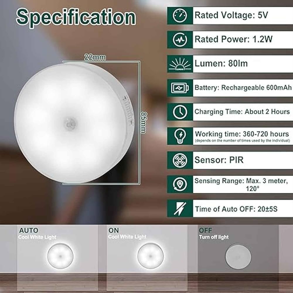 Smart Motion Sensor LED Night Light Recharge Able