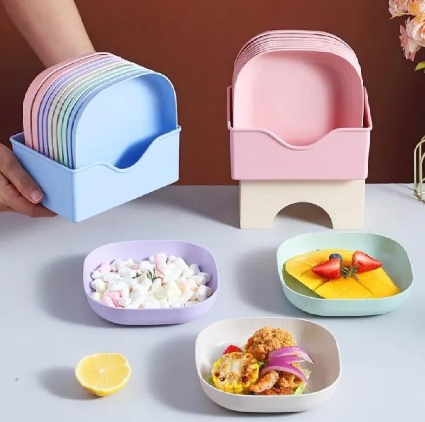 10Pcs Straw Square Plates with Storage Box