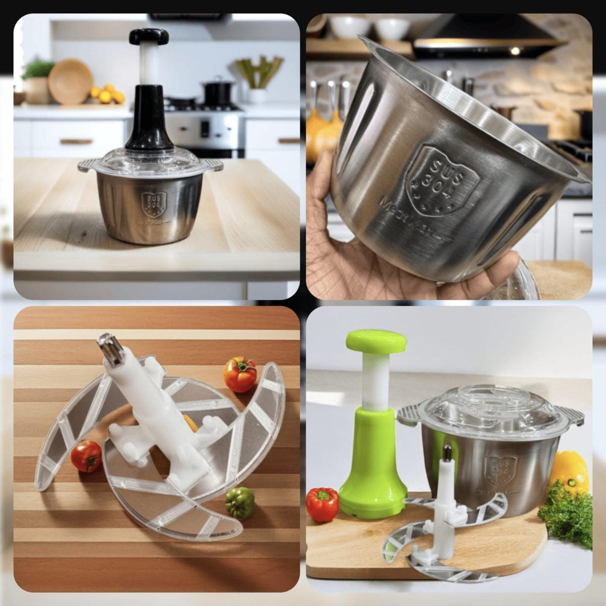 4 Blades Push Chopper with Stainless Steel Bowl