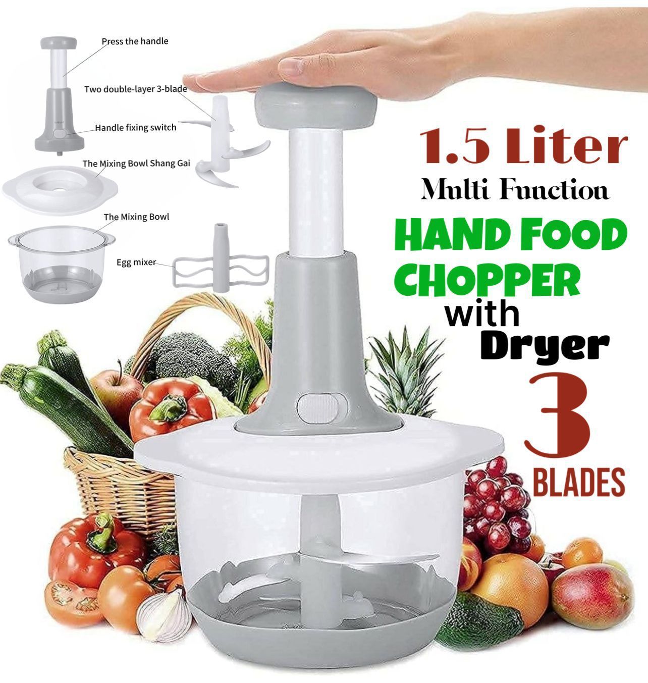 Multifunction Hand Push Chopper With 3 Blades