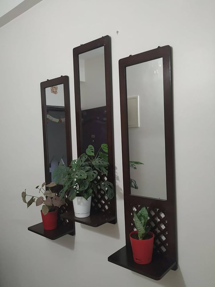 Wooden Wall Mirror with Shelf - Set Of 3