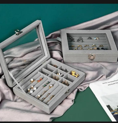 Velvet Jewelry Organizer Box with Clear Lid